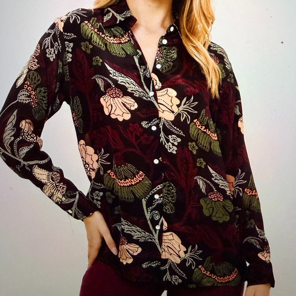 Oliphant Button Down Floral Blouse Long Sleeve Turin Wine